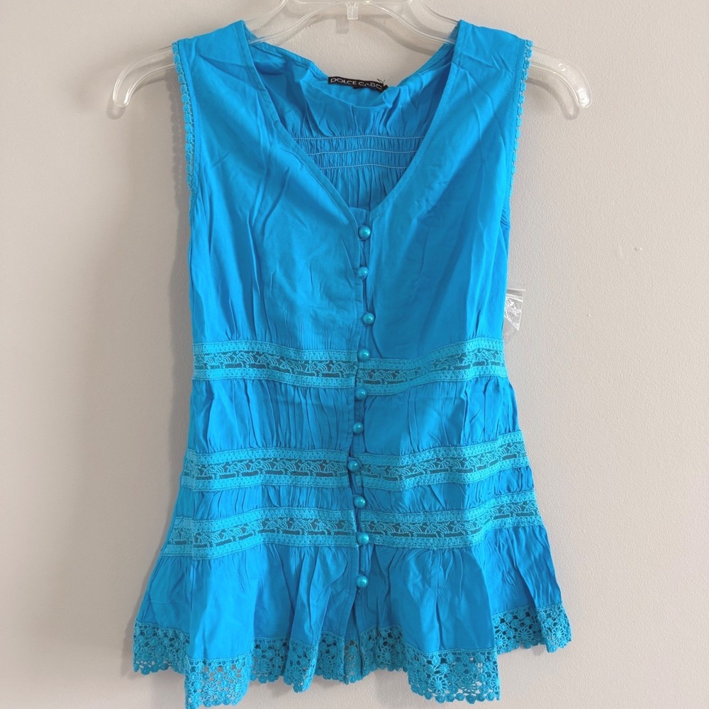 Dolce Cabo Aqua Blue Crochet Lace Tiered Button Front Sleeveless summer Blouse S